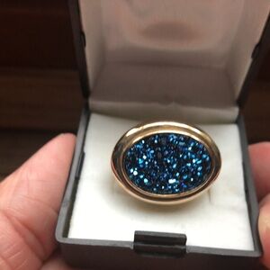 Blue Druzy ring 14k over silver size 7